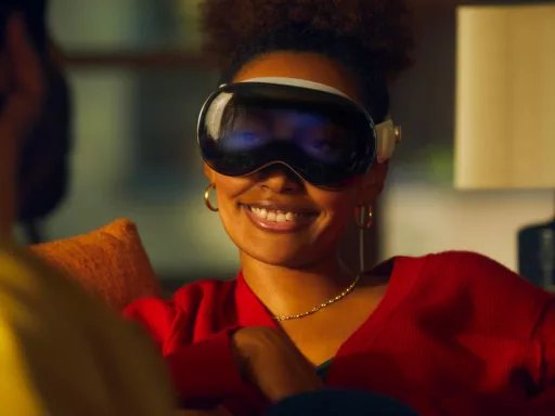 Femme souriante avec casque de réalité virtuelle.