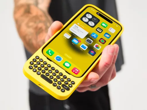 Main tenant un smartphone jaune avec clavier.