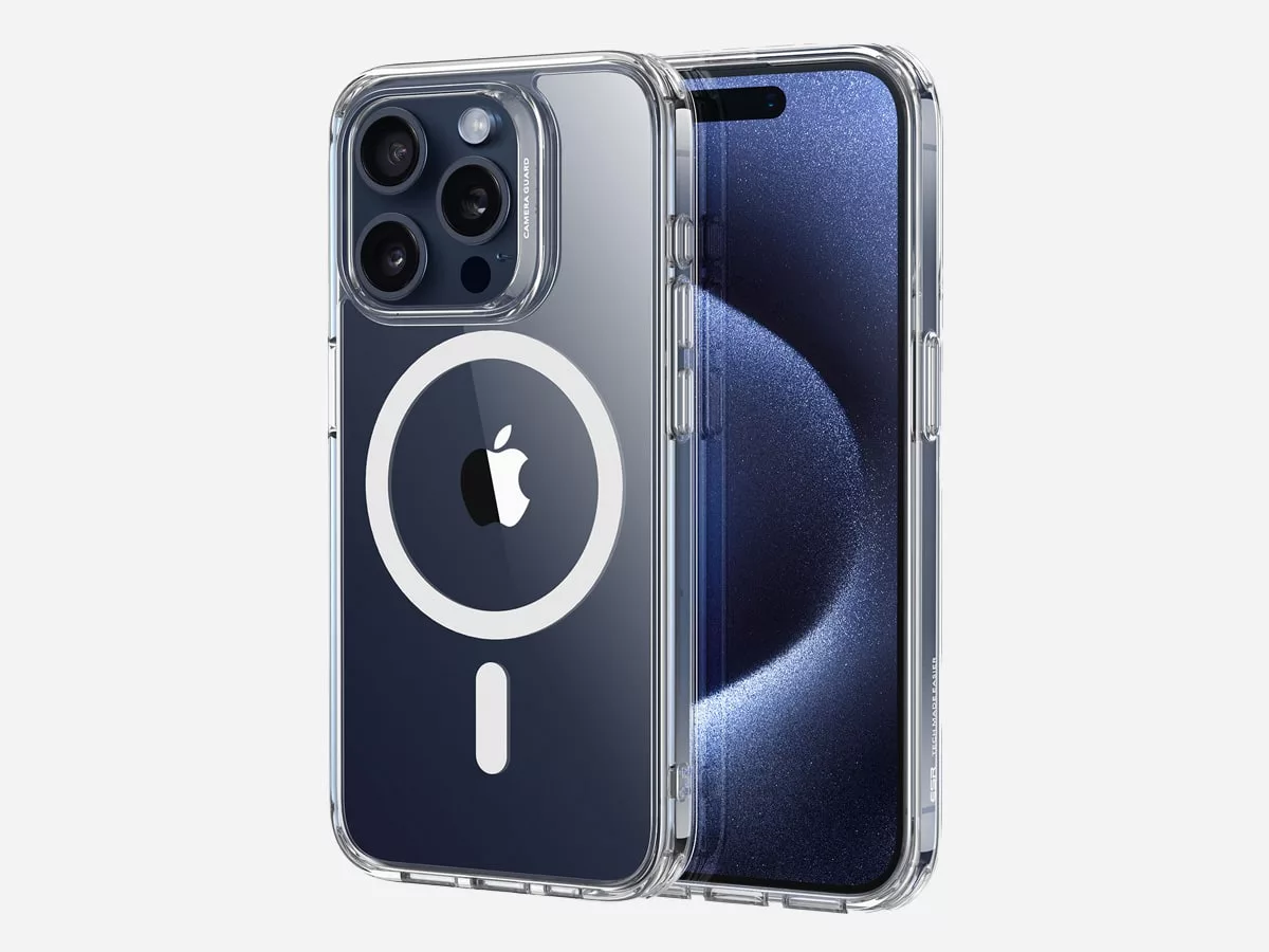 iPhone bleu avec coque transparente.