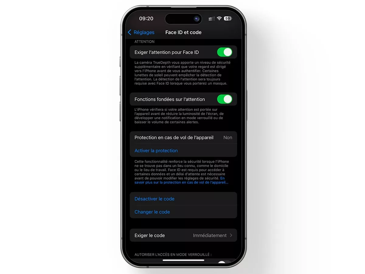 Écran iPhone avec réglages de sécurité Face ID.