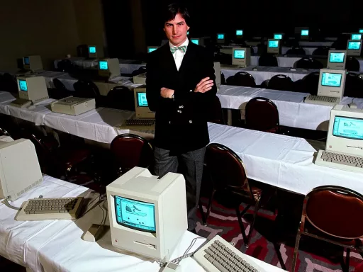Homme devant rangées d'ordinateurs anciens