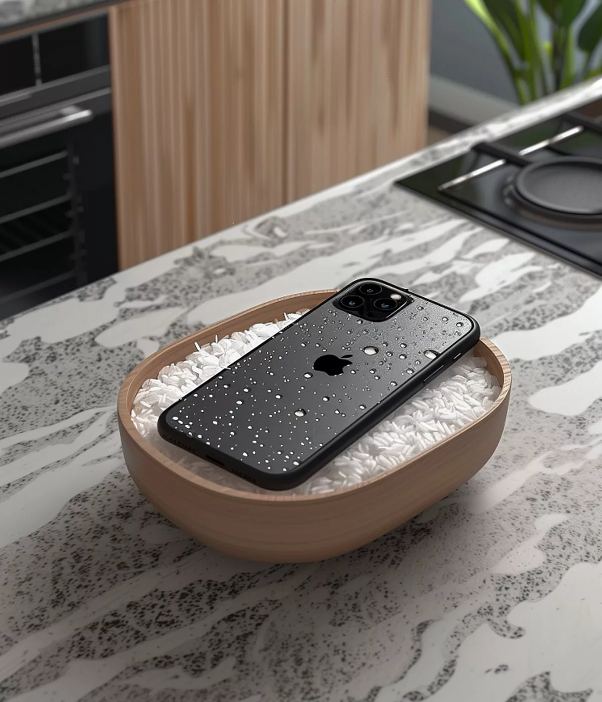 Smartphone mouillé sur bol de riz.