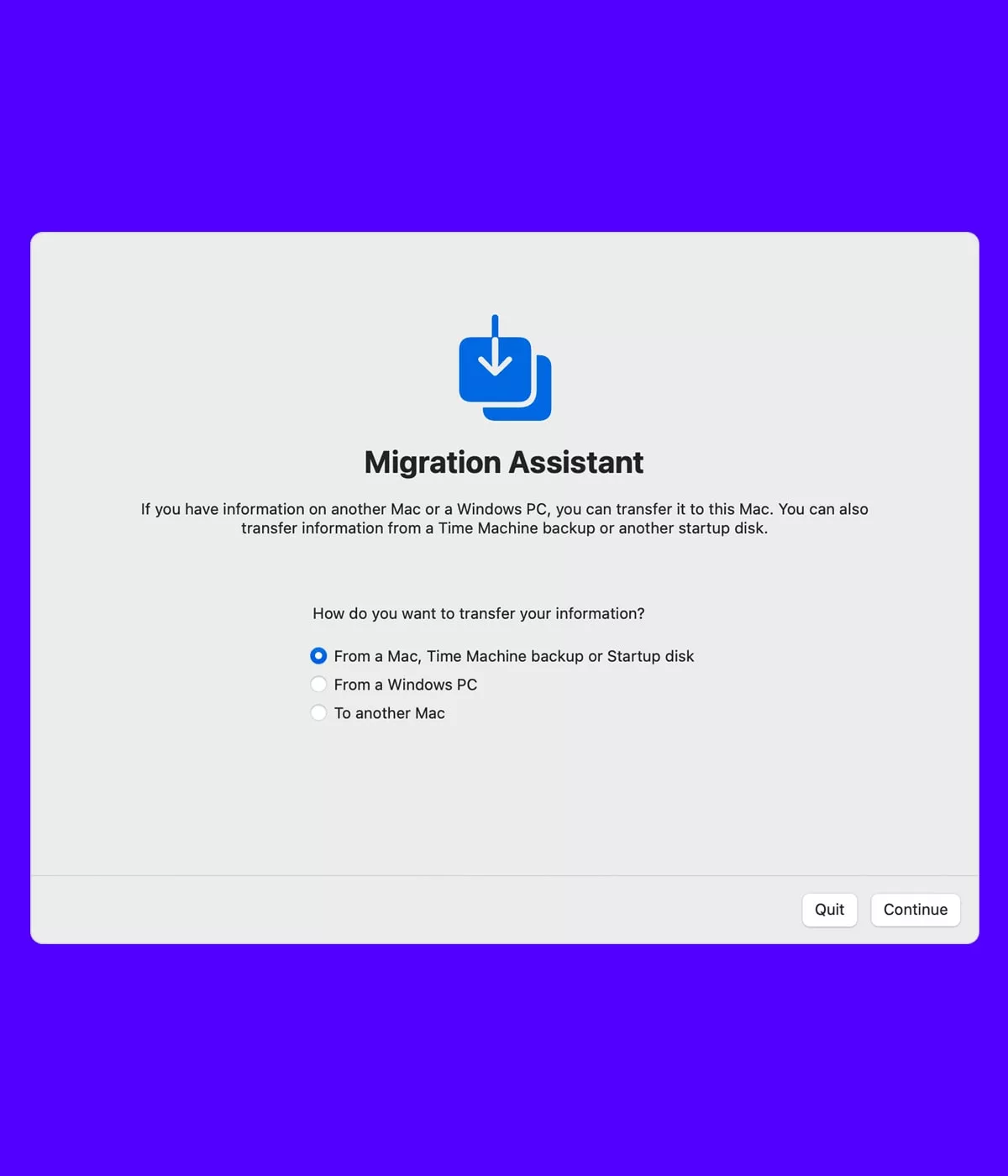 Écran Assistant Migration Mac pour transférer données.