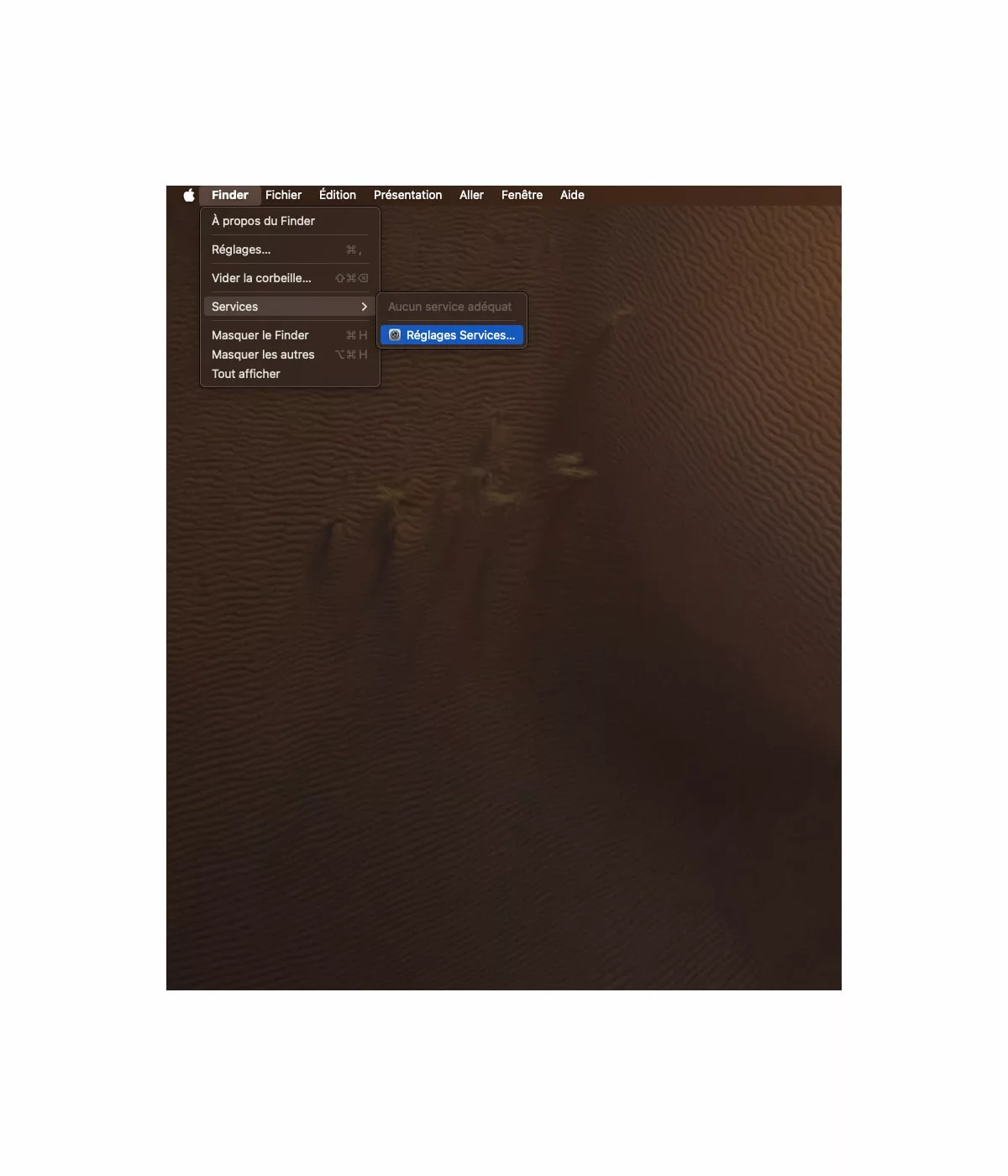 Capture d'écran menu Finder Mac.