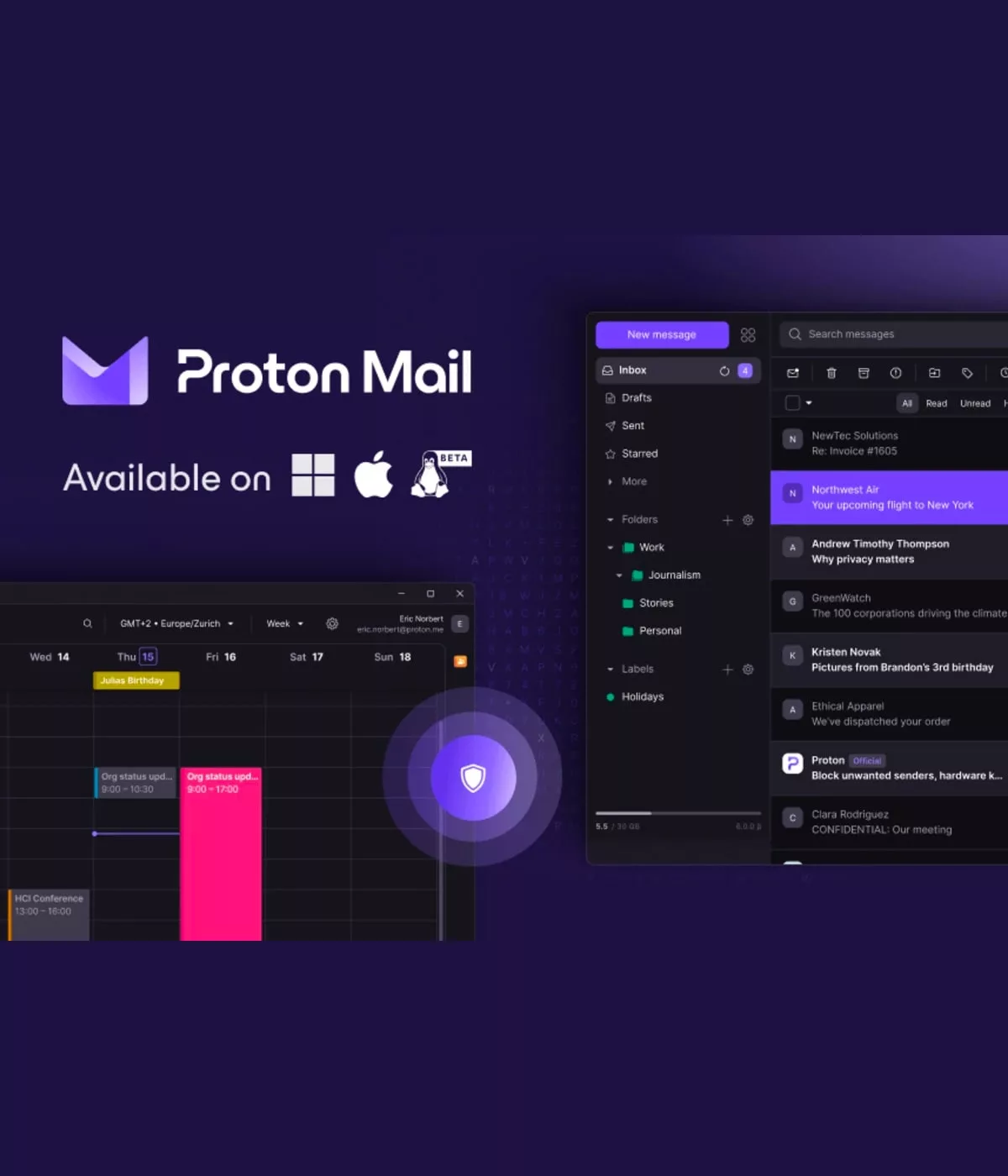 Interface utilisateur de Proton Mail sur écrans multiples.