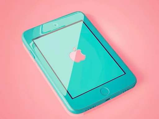 Smartphone turquoise sur fond rose.