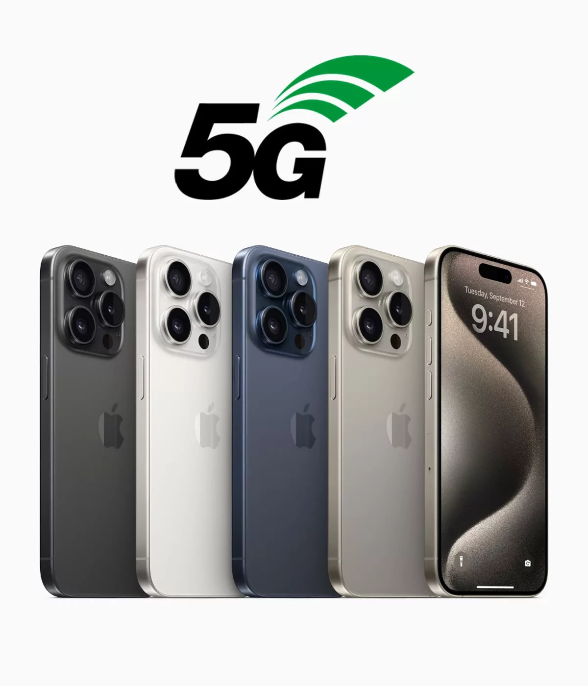 Cinq iPhones 5G en différentes couleurs.