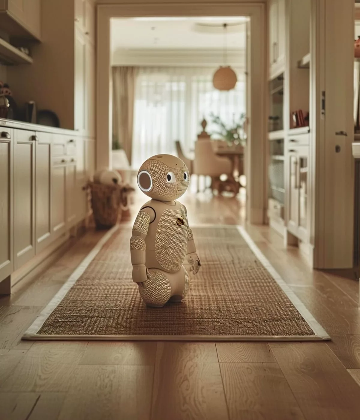Robot assis dans un couloir maison.