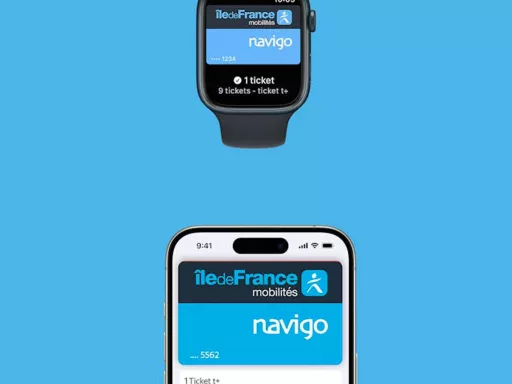 Montre et smartphone affichant l'app Navigo.