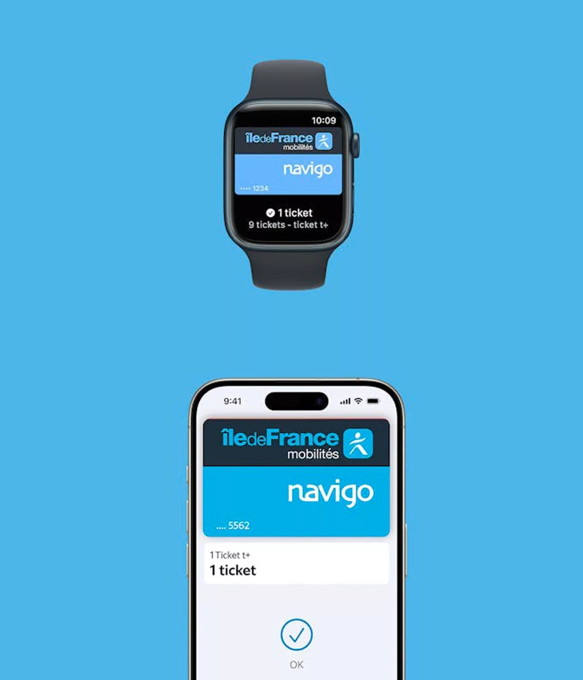 Montre et smartphone affichant l'app Navigo.