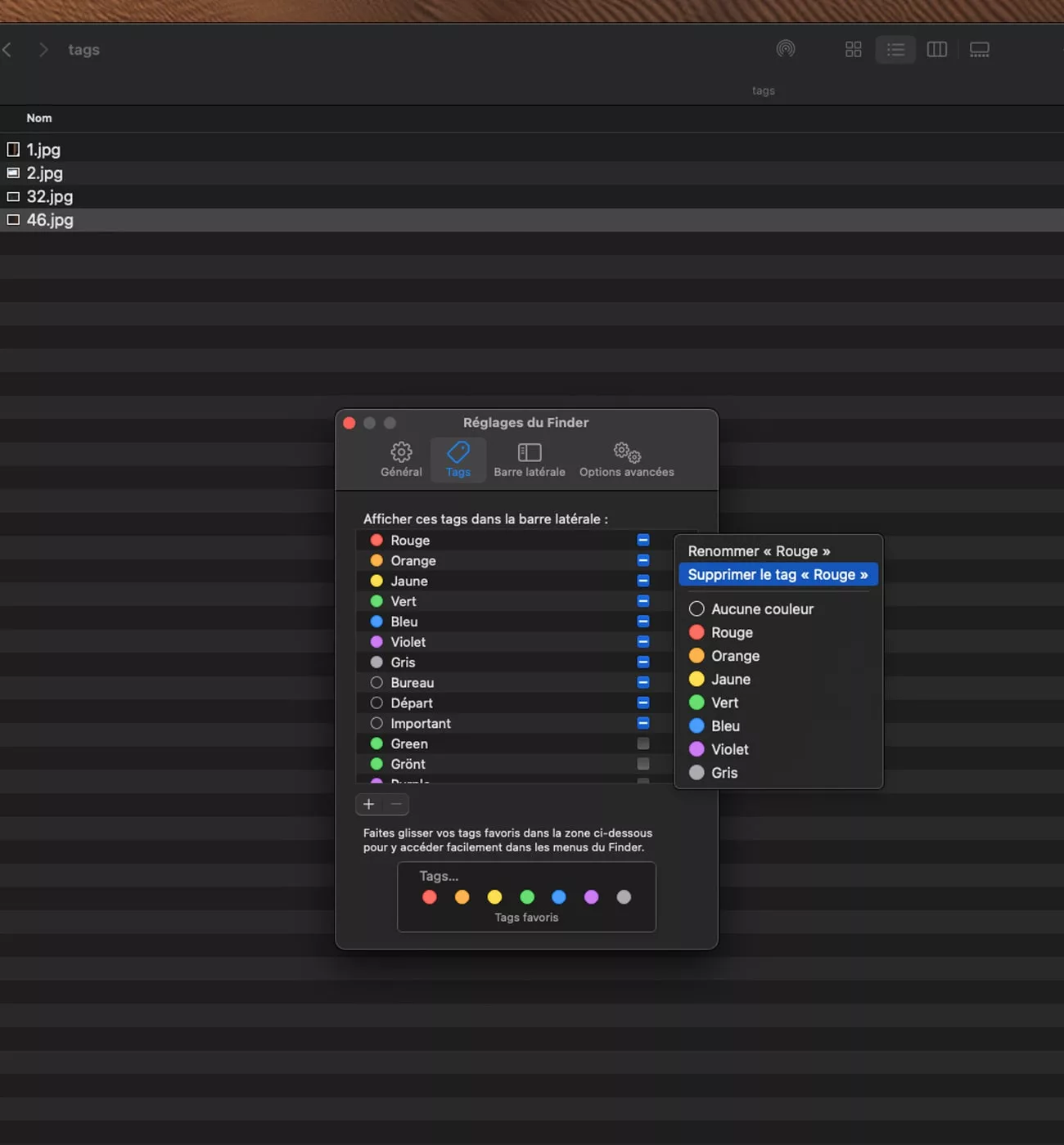 Réglages des tags dans Finder.