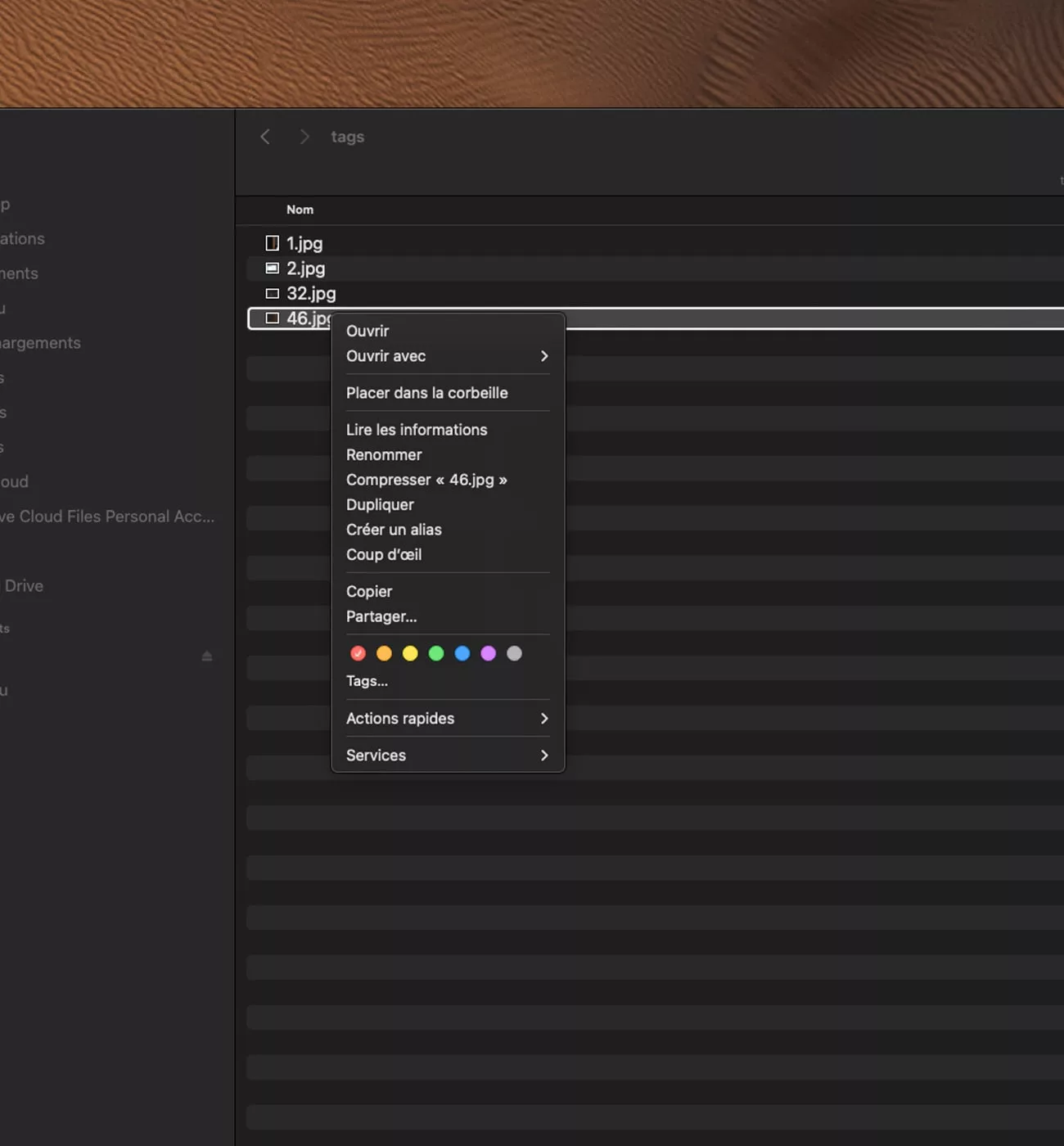 Menu contextuel d'un fichier sur Mac.