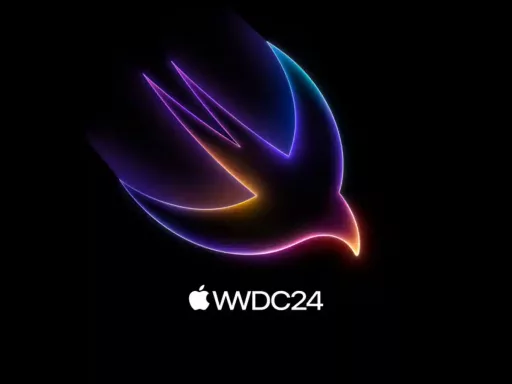 Logo lumineux « WWDC24 » avec oiseau stylisé.