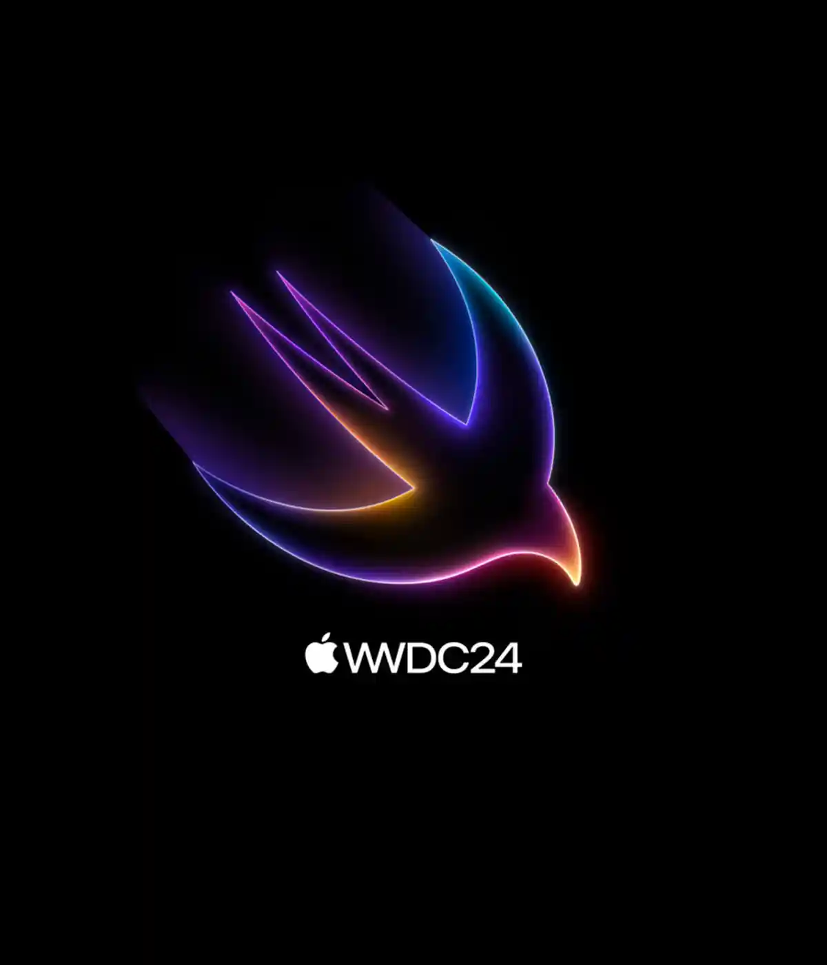 Logo lumineux « WWDC24 » avec oiseau stylisé.