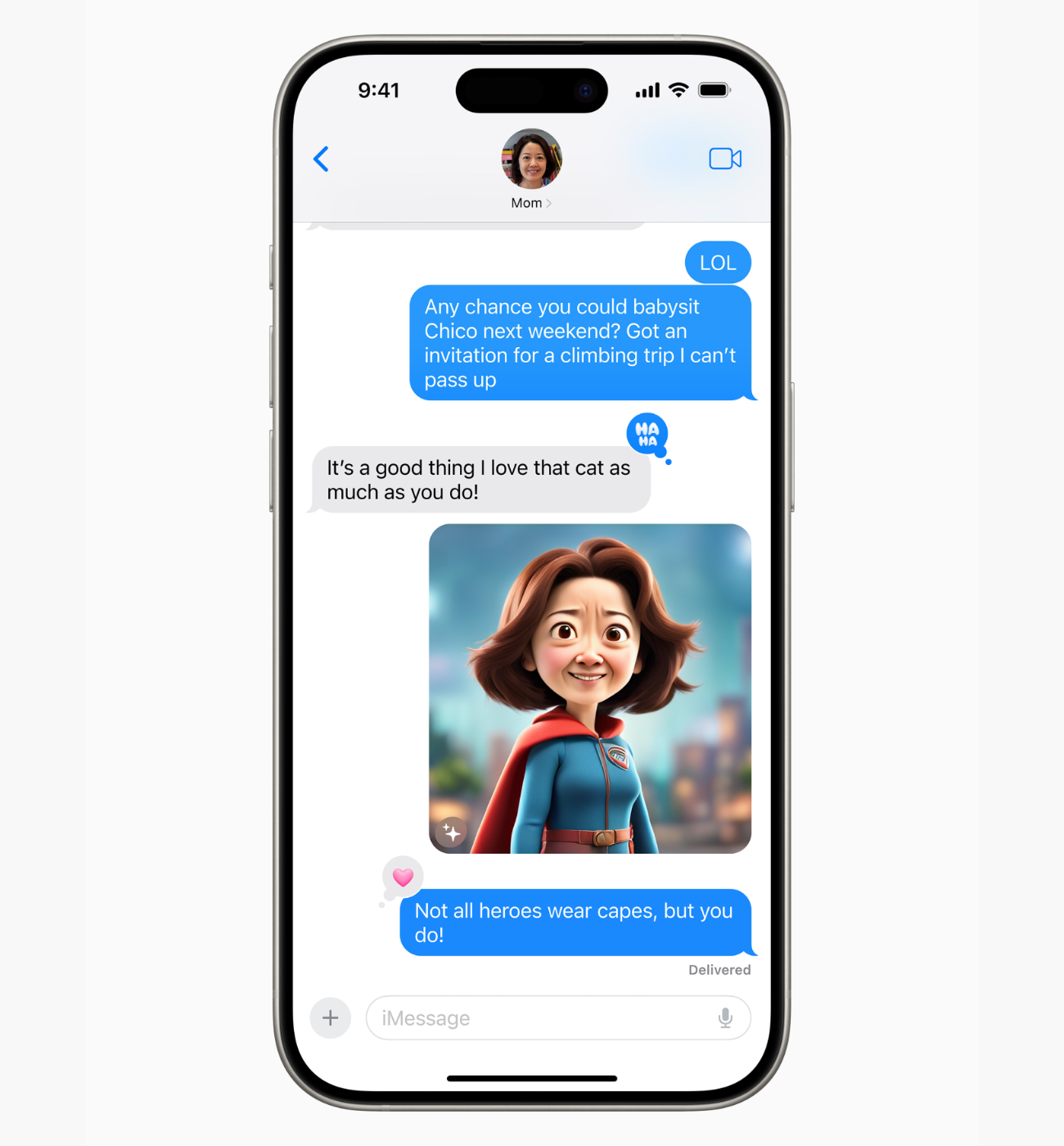 Smartphone affichant conversation iMessage avec maman.