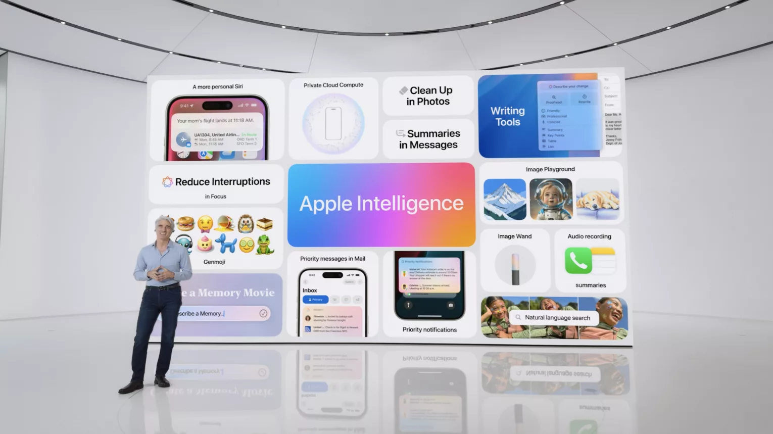 Présentation Apple Intelligence par un homme sur scène.