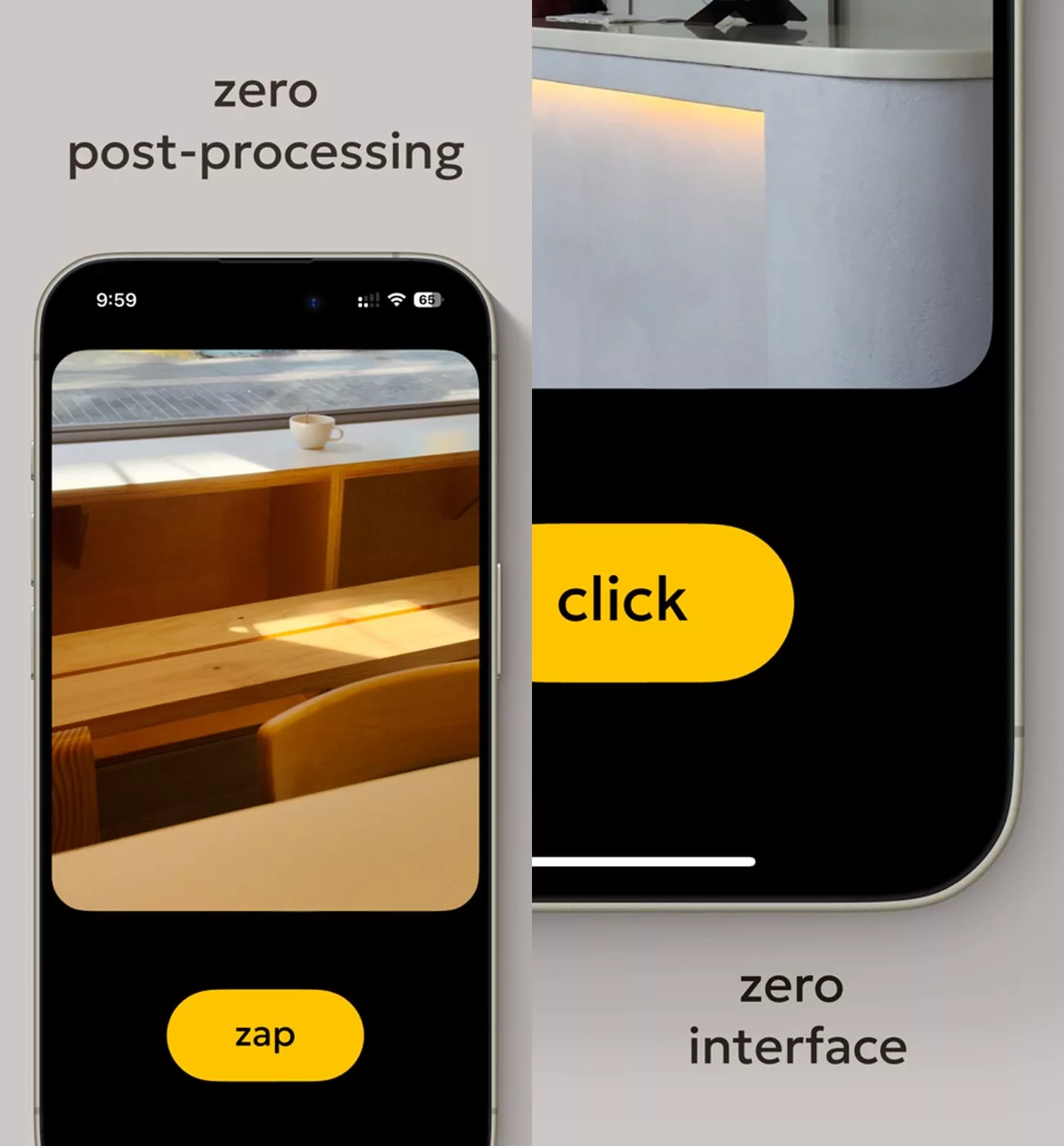 Interface de smartphone avec boutons zap et click.