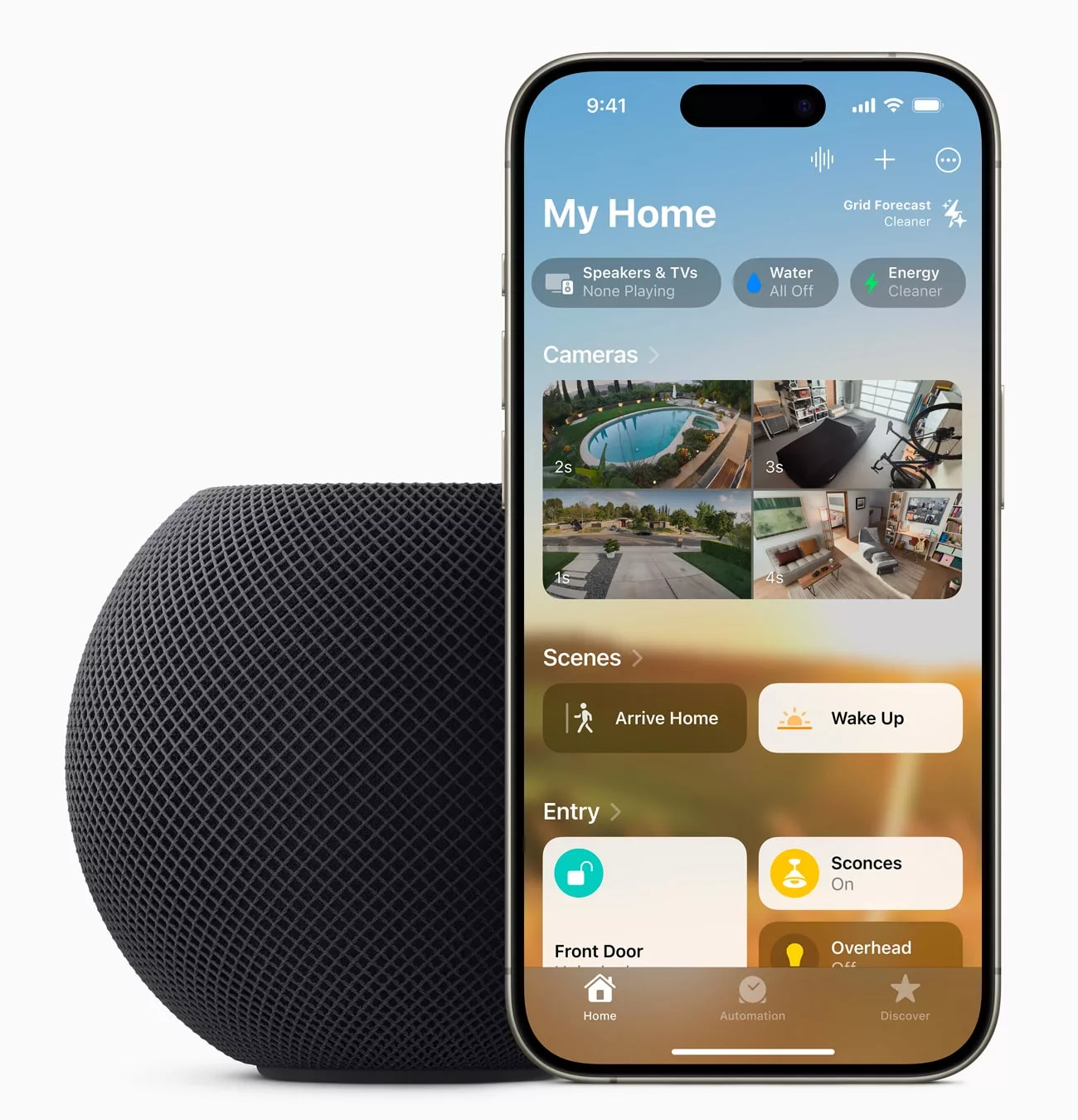 HomePod et iPhone interface domotique.