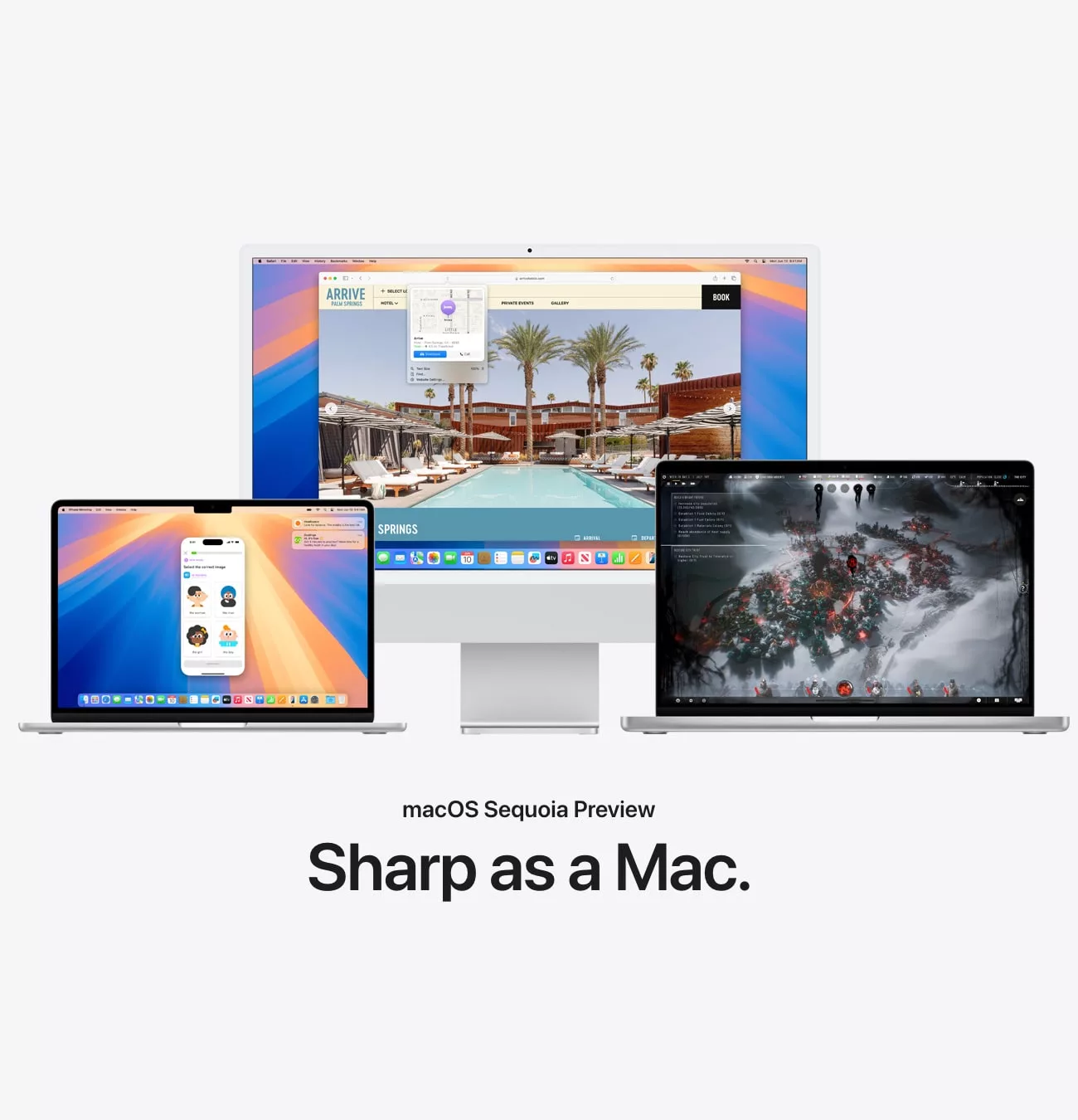 Aperçu de macOS Sequoia sur trois appareils Apple.