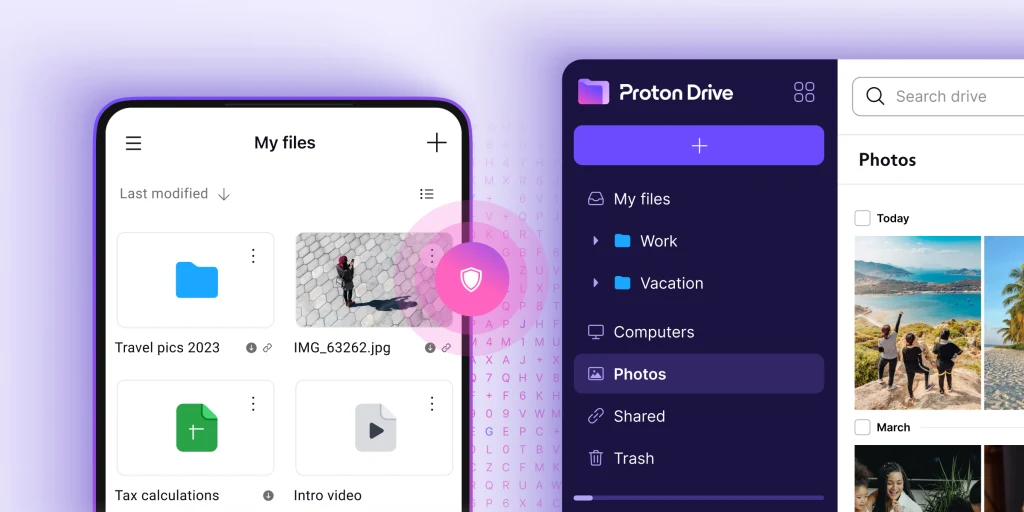 Interface de Proton Drive avec des fichiers et des photos.