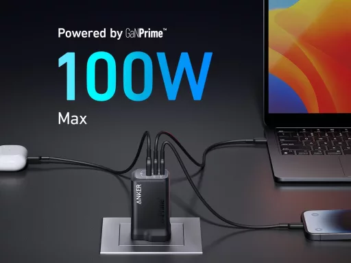 Chargeur 100W USB-C Anker avec trois appareils.