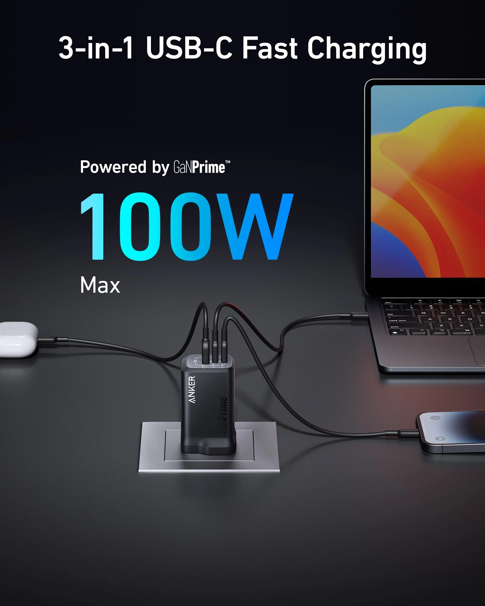 Chargeur 100W USB-C Anker avec trois appareils.