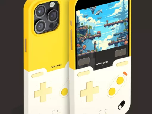 Coque de téléphone jaune Gameboy affichant un jeu.