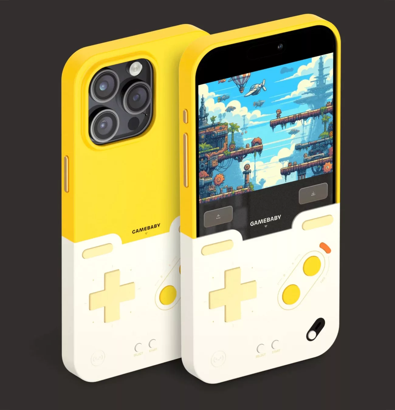 Coque de téléphone jaune Gameboy affichant un jeu.