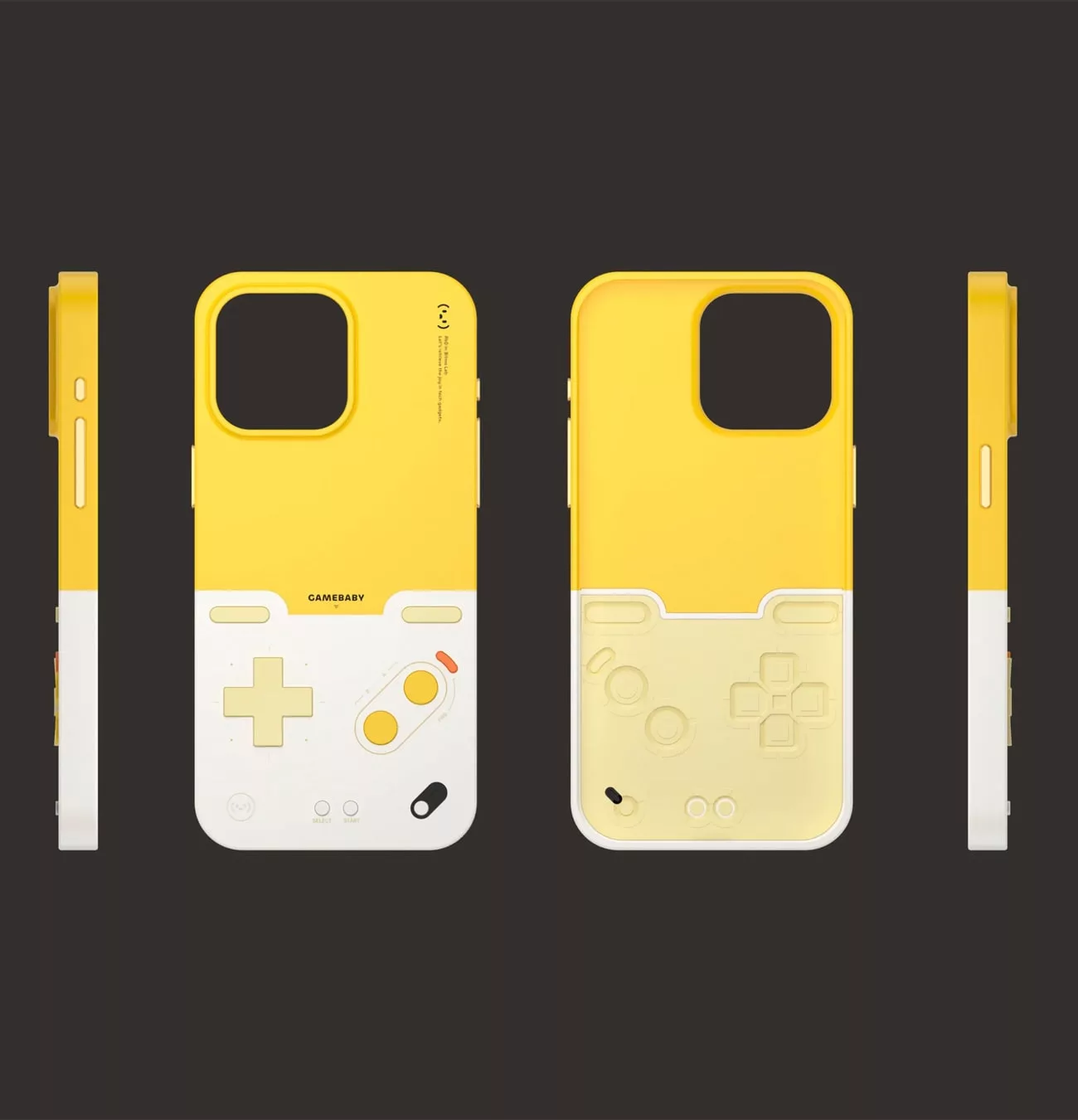 Coque jaune pour téléphone avec design de console.