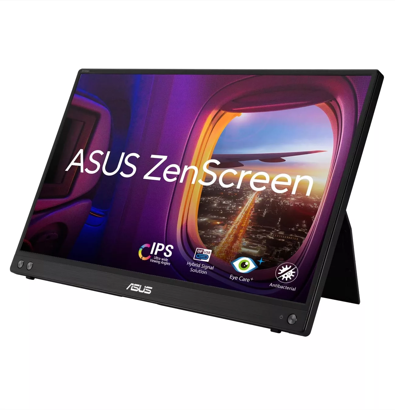 Écran portable ASUS ZenScreen avec paysage urbain.