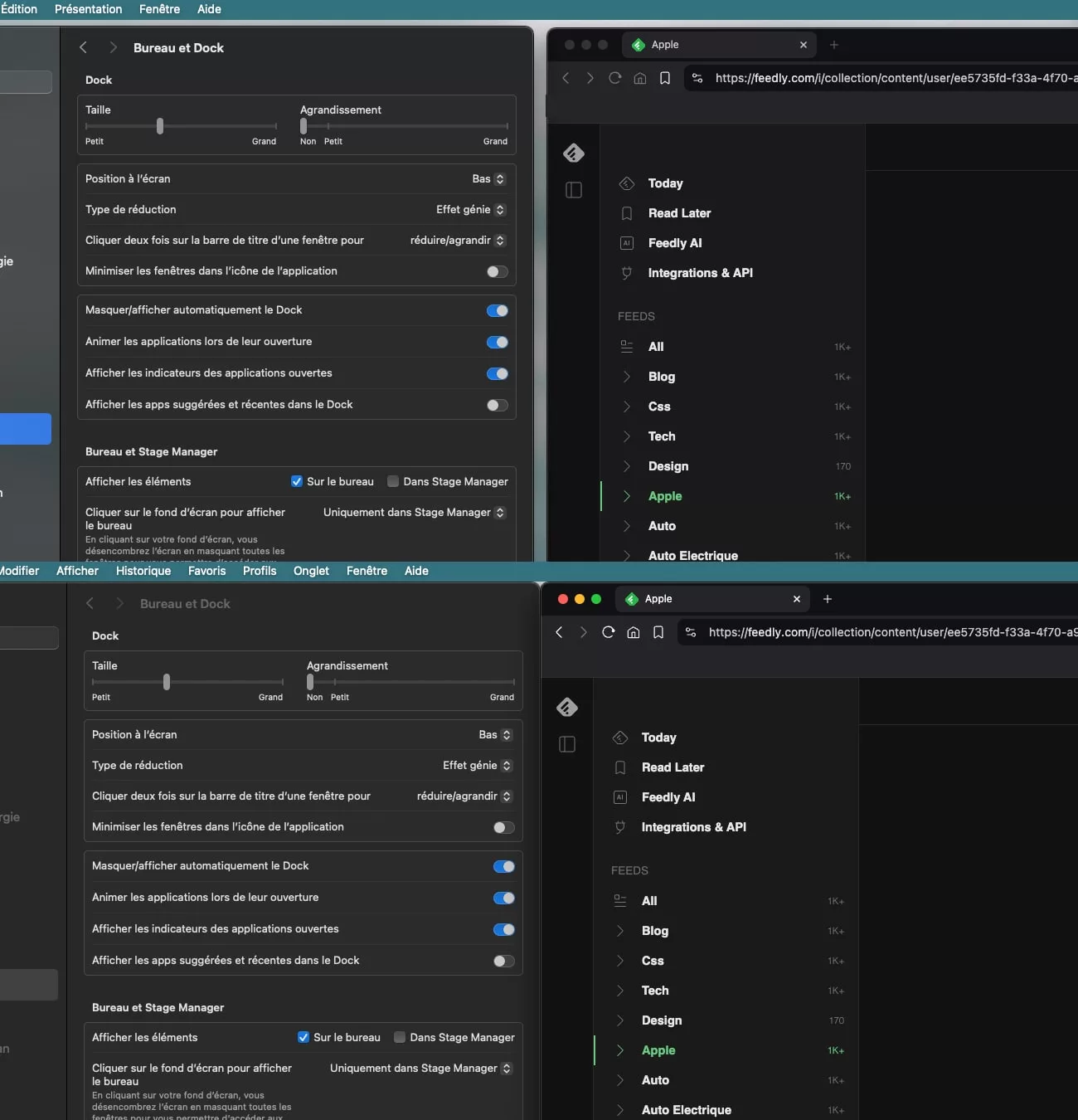 Comparaison réglages Dock et navigateur sur MacOS