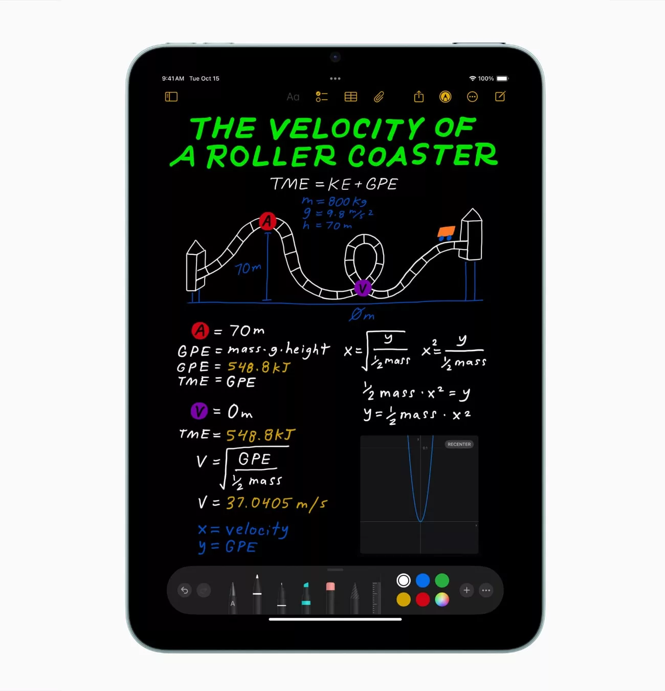 Calcul de vitesse d'un roller coaster sur tablette.