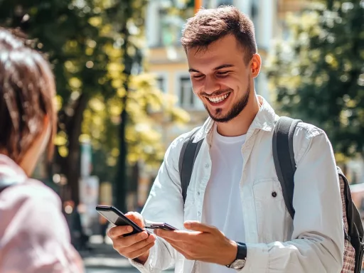 Homme souriant utilisant son téléphone à l'extérieur.