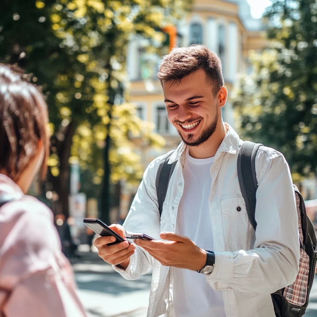 Homme souriant utilisant son téléphone à l'extérieur.