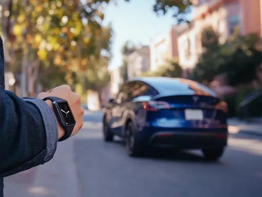 Montre intelligente, voiture bleue dans la rue.