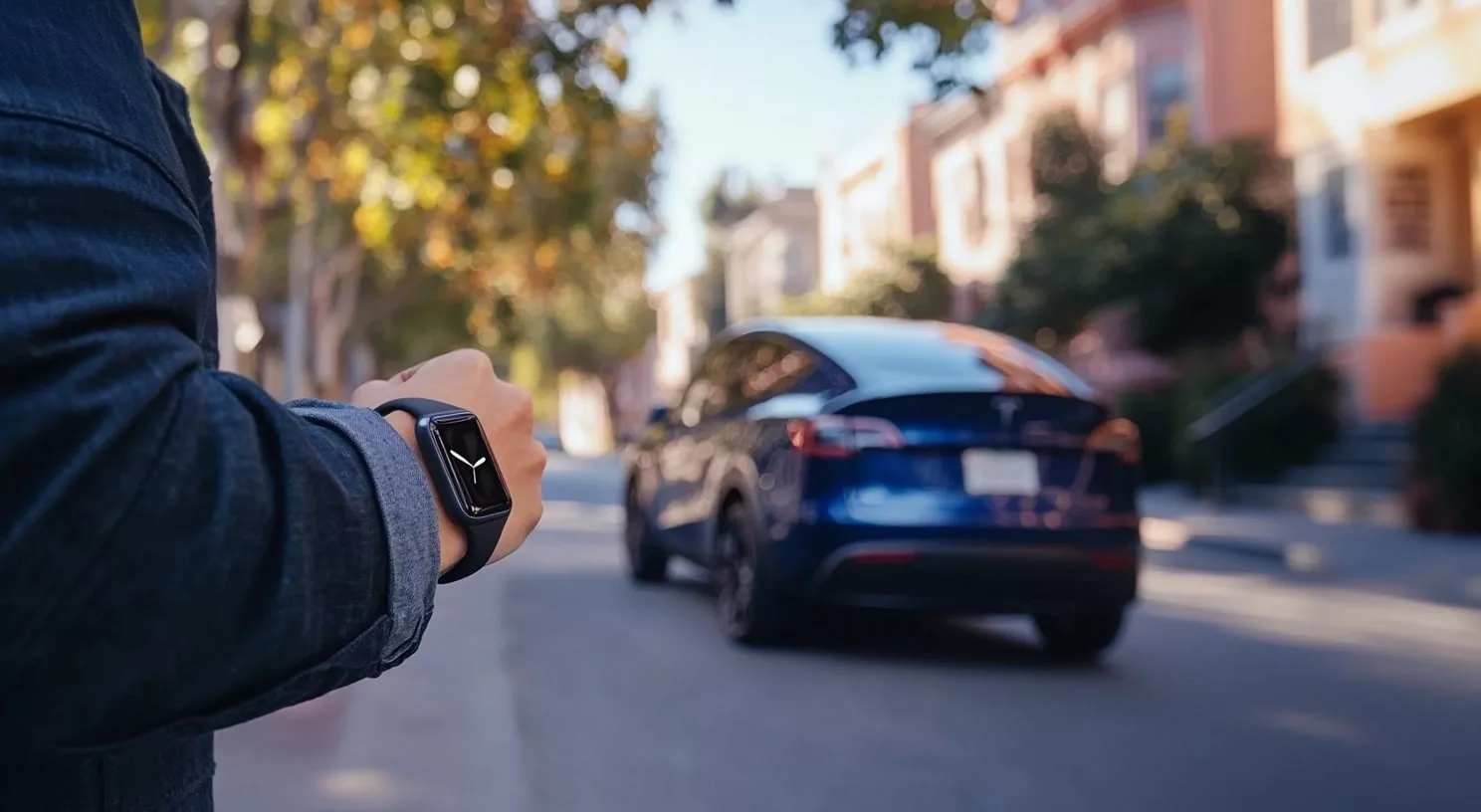 Montre intelligente, voiture bleue dans la rue.