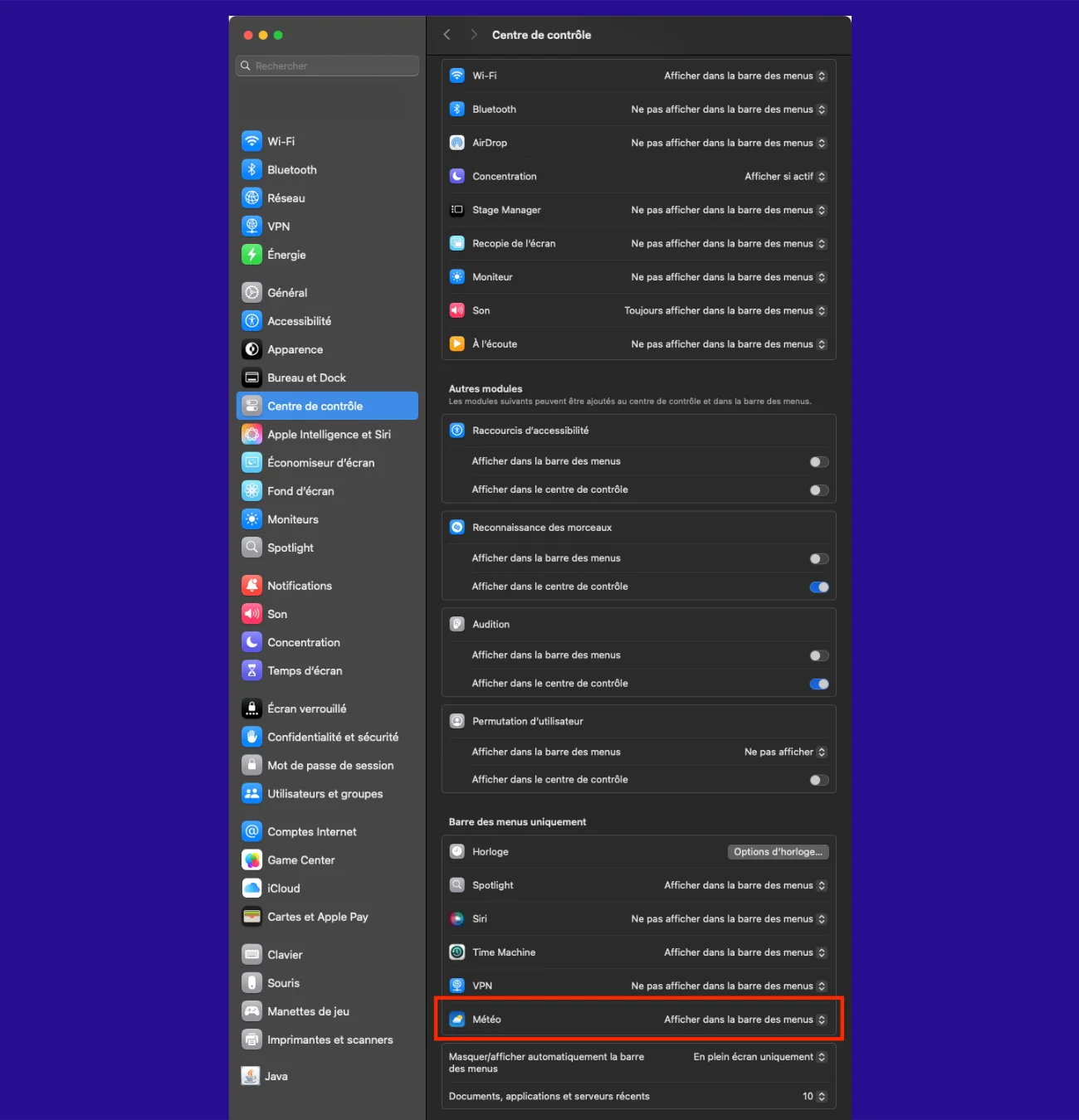 Paramètres du centre de contrôle macOS affichés