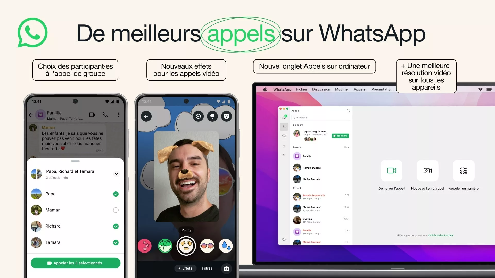 Appels vidéo améliorés sur WhatsApp, appareils variés.