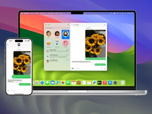 iPhone et MacBook affichant messages avec tournesols.