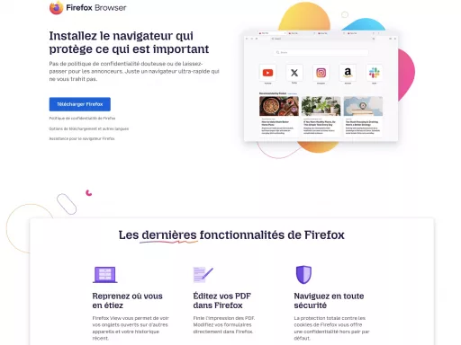 Page fonctionnalités du navigateur Firefox