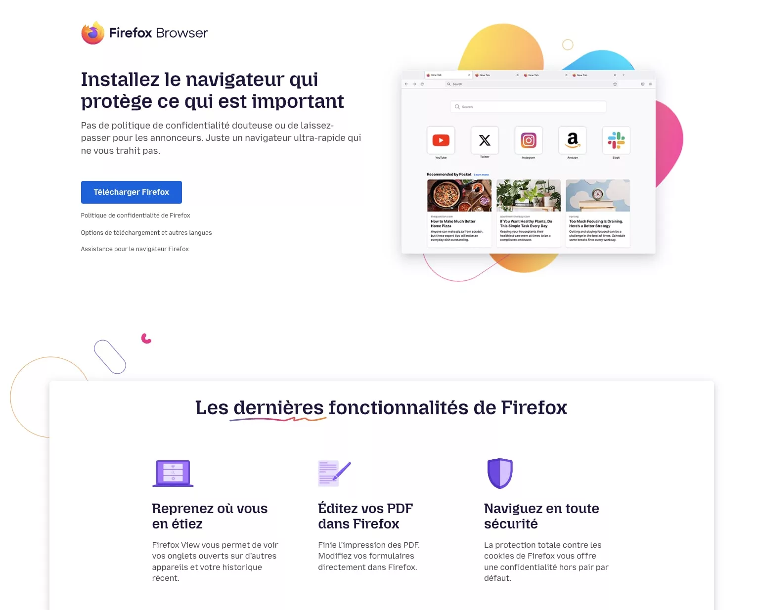 Page fonctionnalités du navigateur Firefox