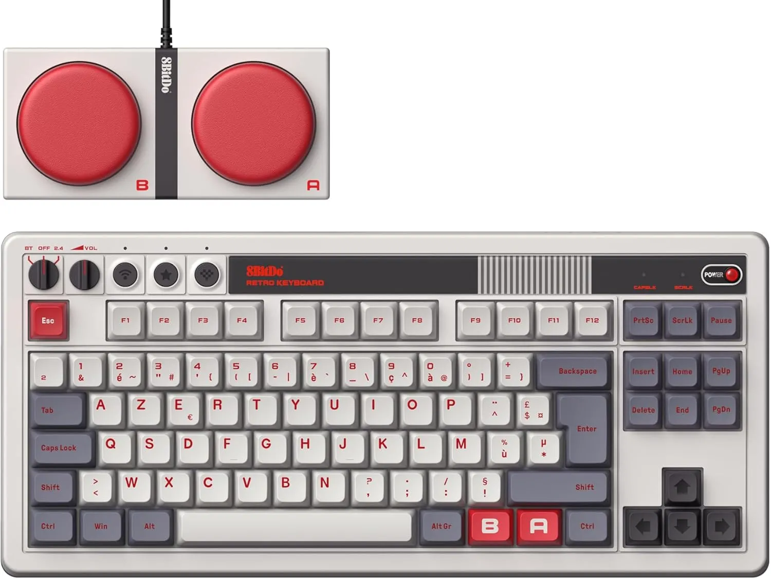 Clavier rétro style console de jeu avec boutons rouges.