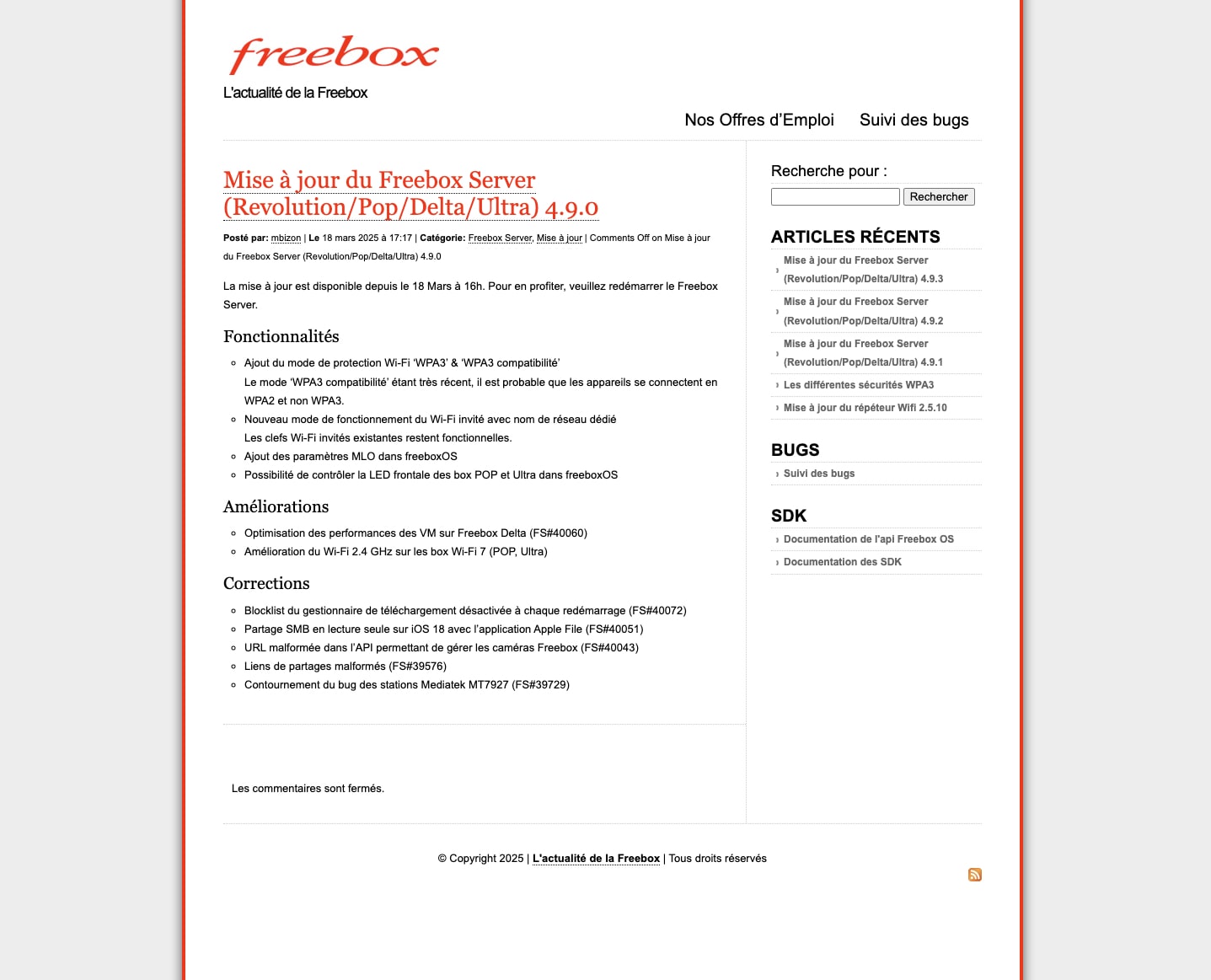 Page mise à jour Freebox Server 4.9.0