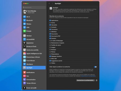 Paramètres Spotlight sur Mac avec options activées.