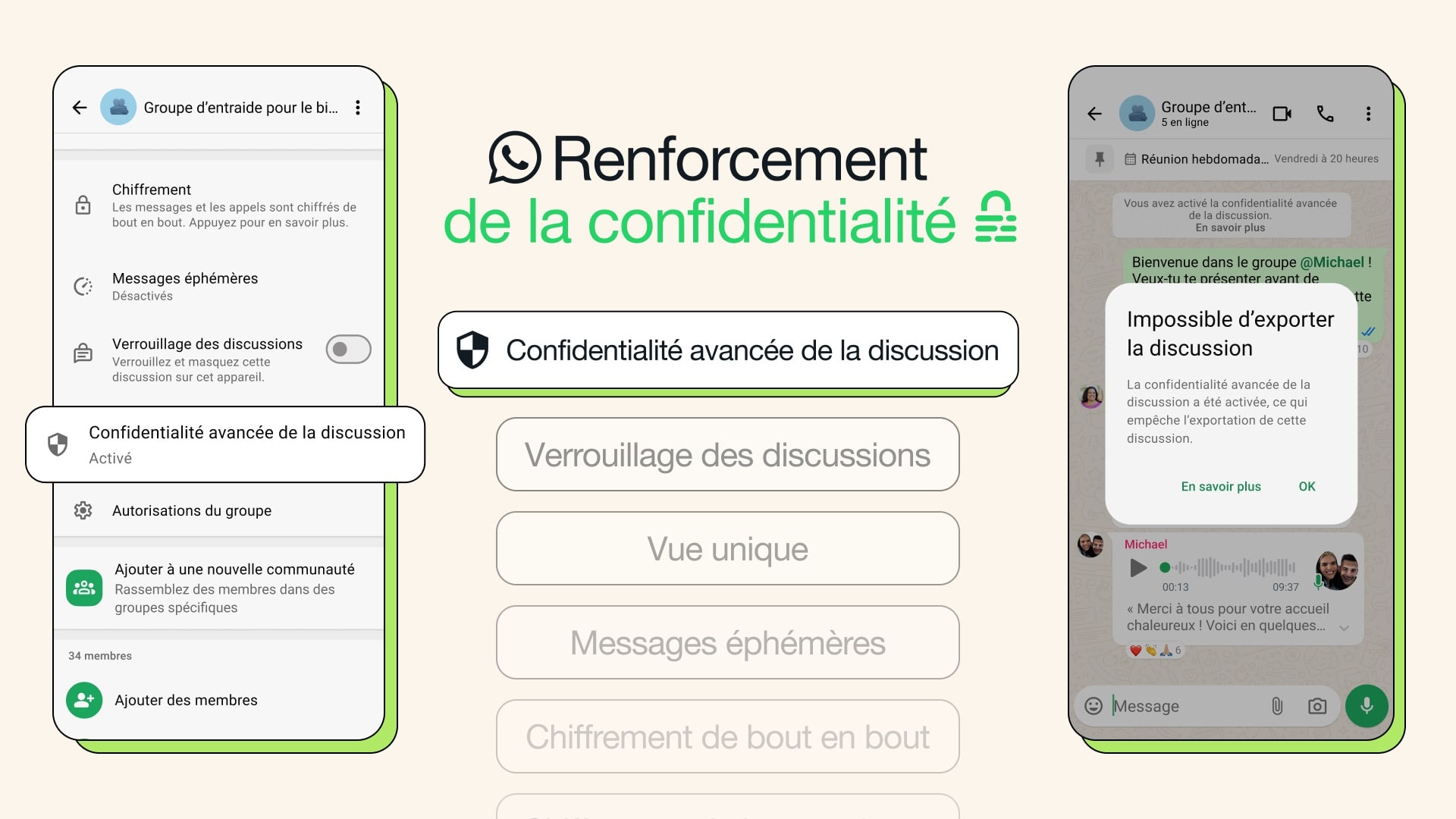 Options de confidentialité avancée pour discussion de groupe WhatsApp.