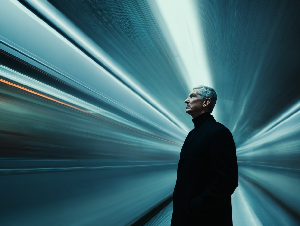 Homme dans tunnel lumineux, effet de vitesse.