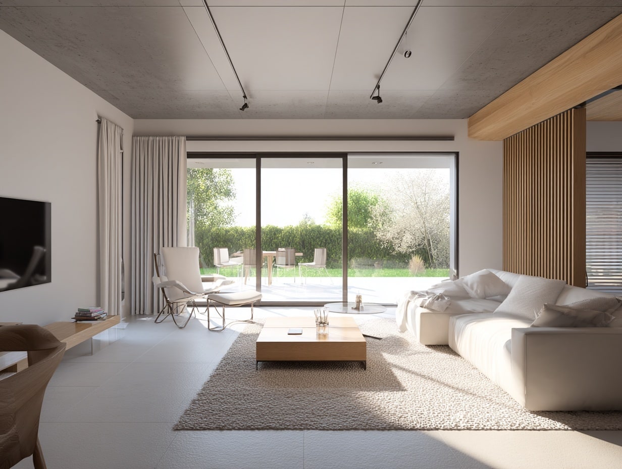 Salon moderne avec vue sur jardin