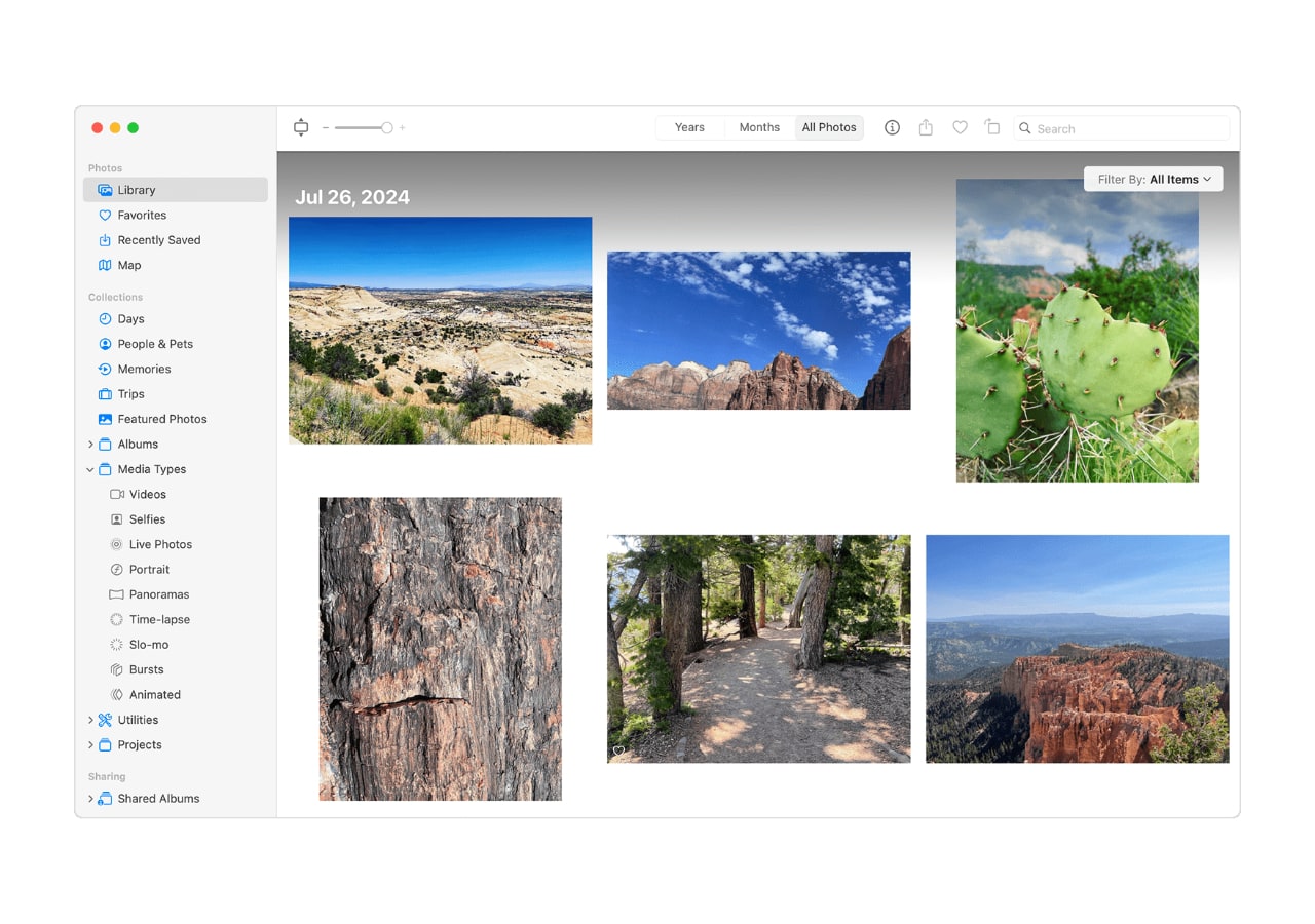 Interface utilisateur de la bibliothèque de photos.
