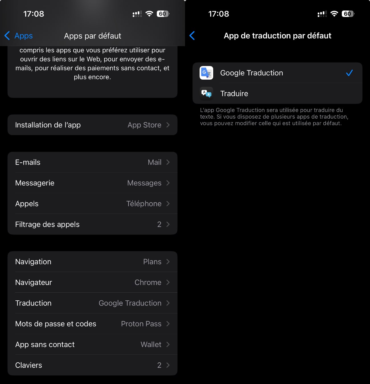 Paramètres d'applications par défaut sur iPhone.