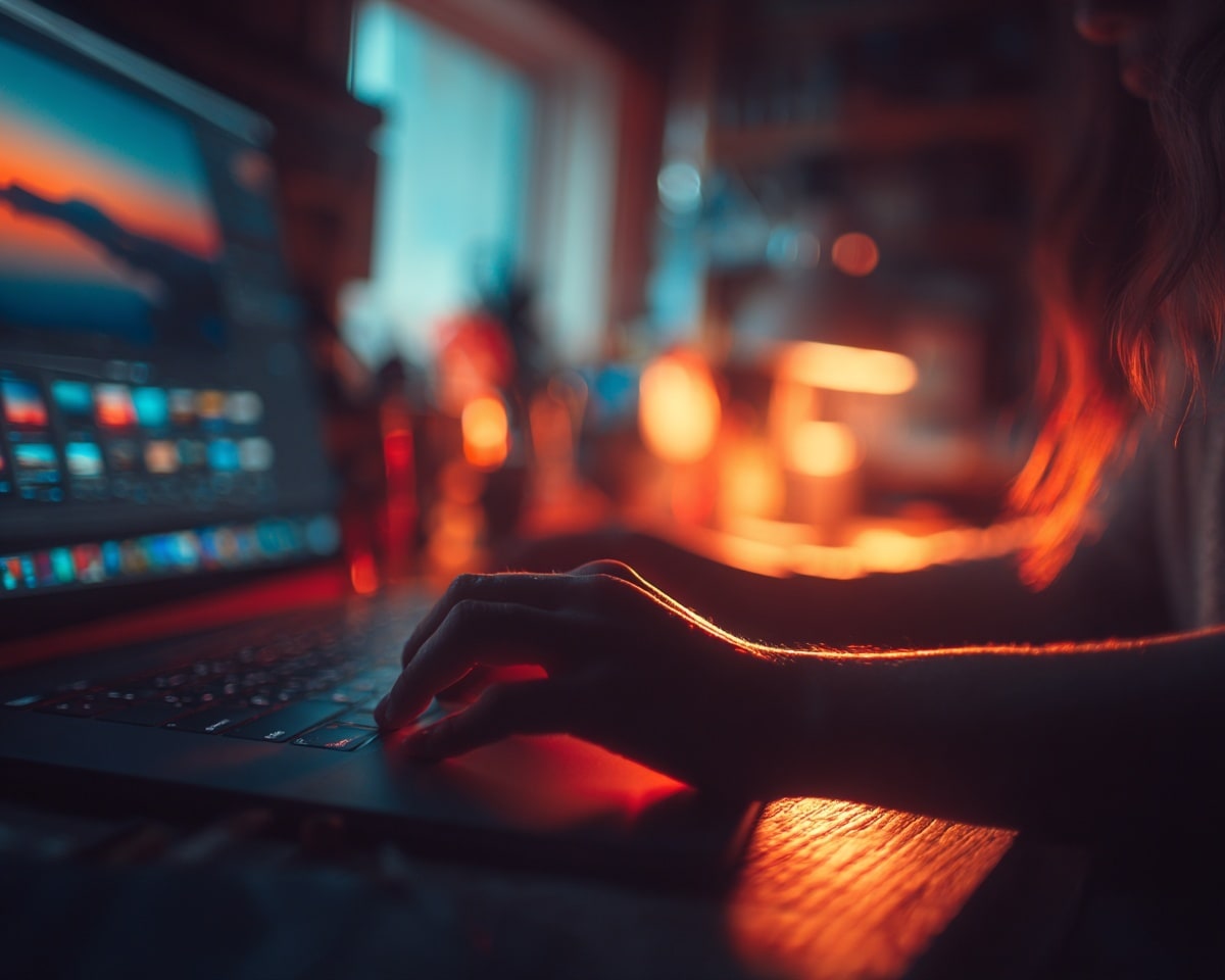 Personne tapant sur un ordinateur portable éclairé.